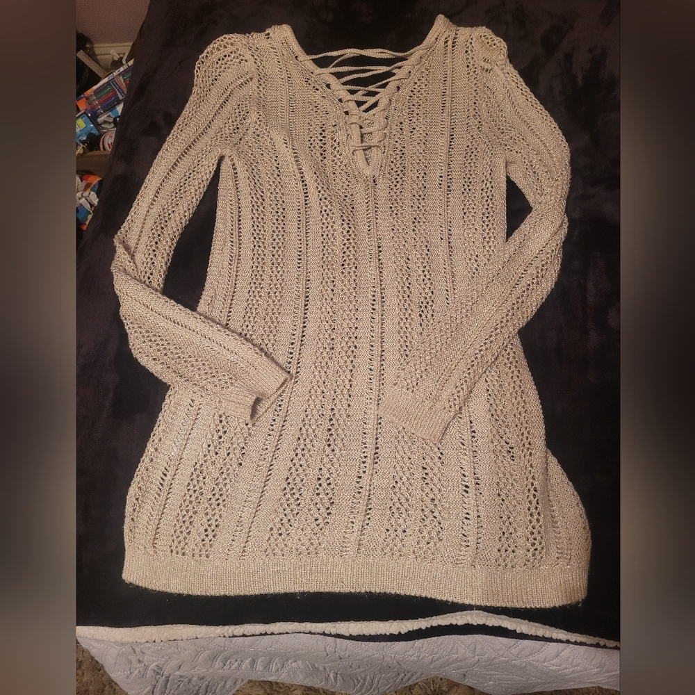 XS Guess mesh type longsleeve v neck cross tye front beige